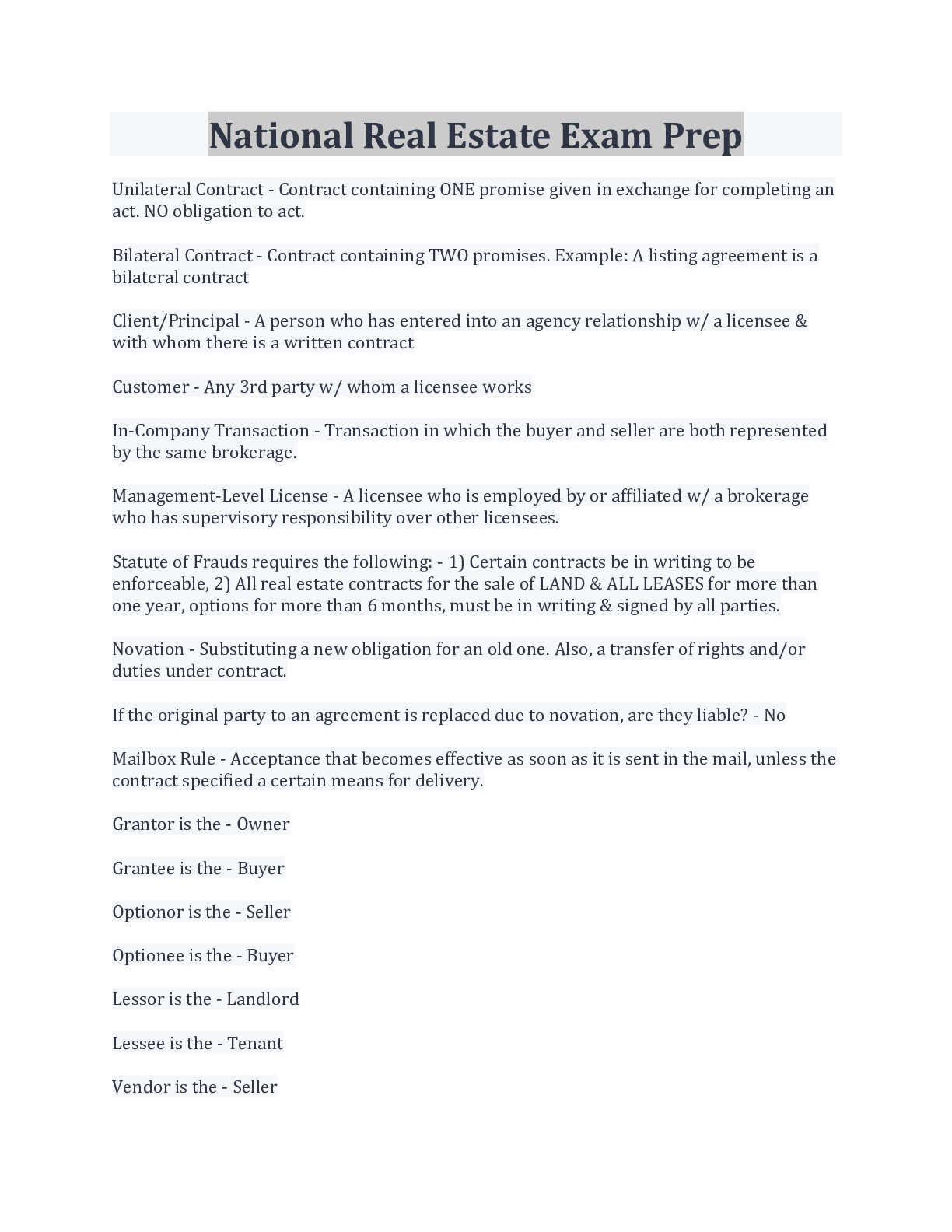 Preview image for National Real Estate Exam Prep Questions And Answers